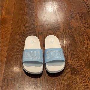 Light blue and white Hollister slides